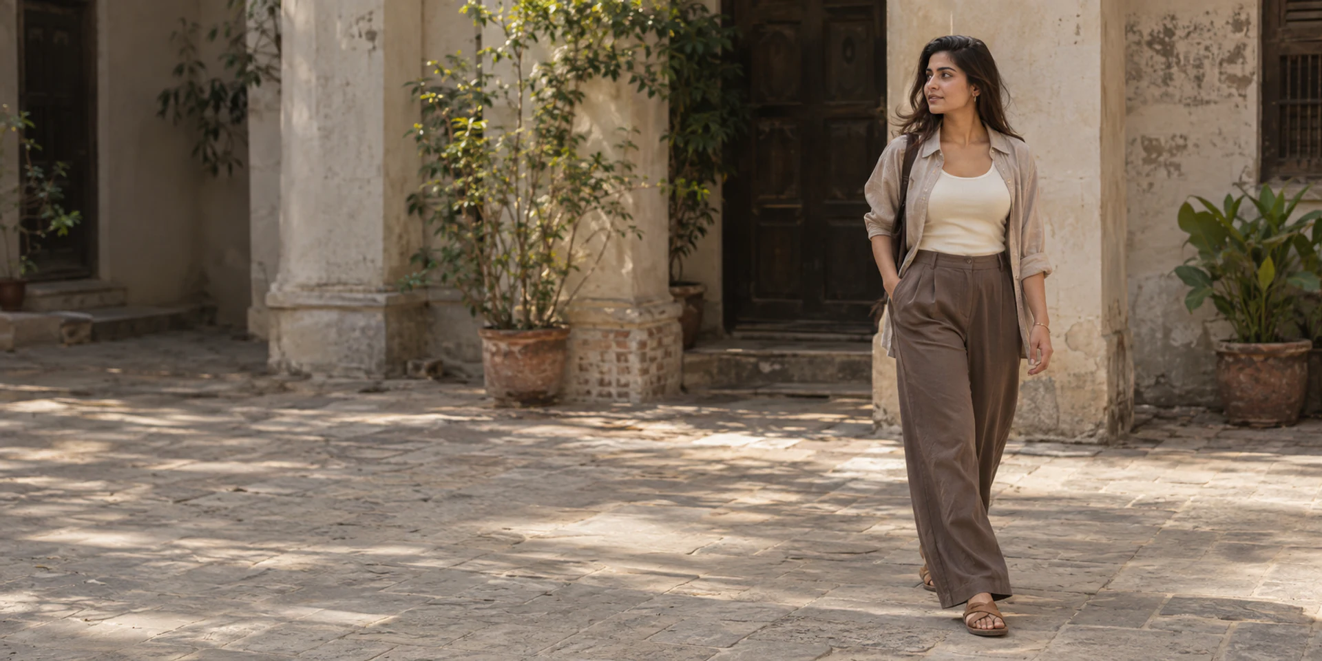 Woman wearing a neutral three-piece Casualified outfit in a sunlit Lahore courtyard